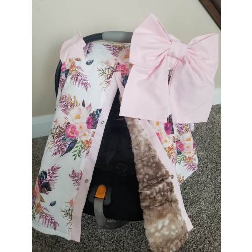 Boho Floral with Fawn Fur Carseat Cover, Baby Shower Gift, Baby Girl Car Seat Canopy, Personalized Gift