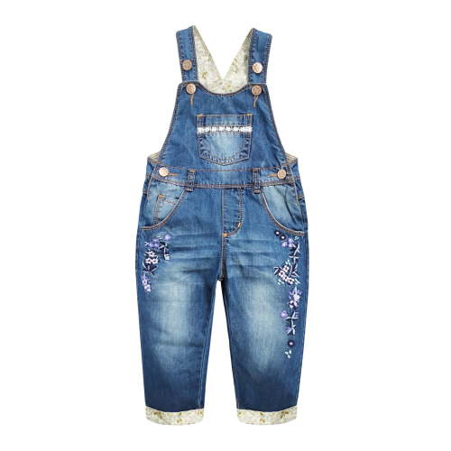 KIDSCOOL SPACE Baby&Little Girls Flower Embroidered Washed Cotton Denim Overalls,Blue,9-12 Months