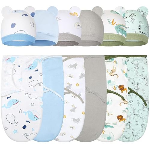 6 Pack Swaddle Blanket with Hats Swaddle Outfit for 0-3 Months Newborn Sacks Soft Cotton Wearable for Girl and Boy(Whale,Blue and Green)