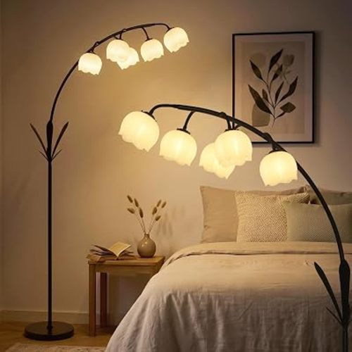 HMVPL Black Floor Lamp for Living Room, Flower Floor Lamp with 5 G9 LED Bulbs, Foot Switch, Arc Standing Lamp with Acrylic Shade,Marble Base, Cute Tall Lamp for Living Room Corner Bedroom Reading Home