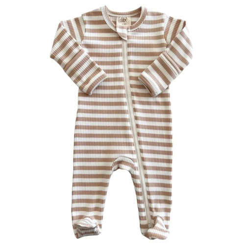 Tan Stripe / Organic Ribbed Zip Footie