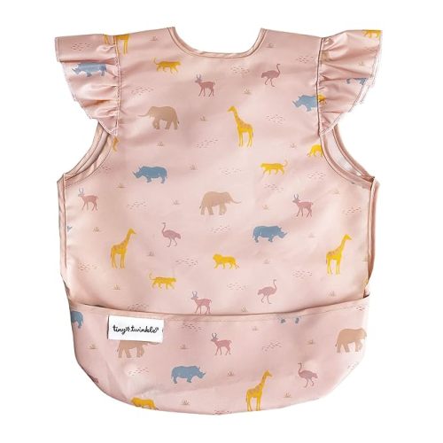 Tiny Twinkle Mess Proof Baby Bib for Girls | Waterproof Toddler Bib for Eating | Baby Apron for Feeding | Machine Washable | Perfect Shower Gift (Petite Safari, 6–24M)