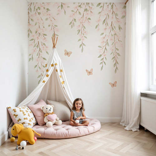 Kids room wallpaper | Delicate flowers and butterflies