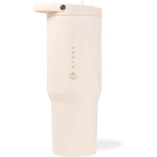 HydroJug Sport - Stainless Steel Tumbler with Straw, Vacuum Insulated, 32oz Leakproof Water Bottle, Ergonomic Design, Reusable, Dishwasher Safe, Rubber Base, Durable for Gym or Outdoors, Cream