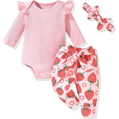 Aalizzwell Preemie Newborn Infant Baby Girls Clothes Ribbed Romper Bodysuit Pants Set Fall Winter Outfits
