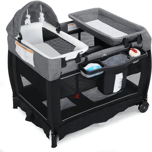 4 in 1 Multifunctional Pack and Play, Foldable Baby Playards with Changing Table & Breathable Mesh, Baby Playpen for Babies and Toddlers, Black