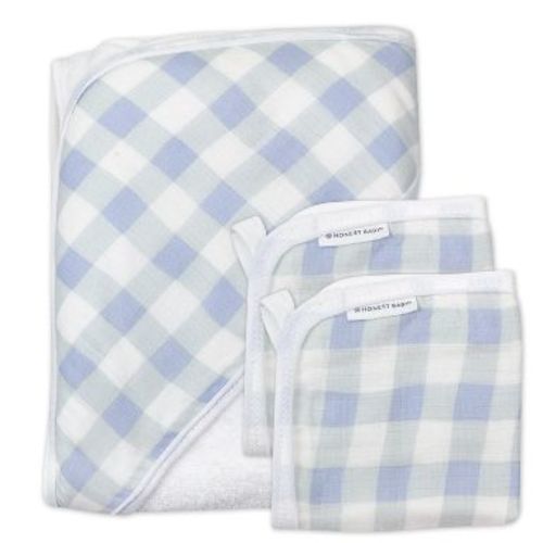 3-Piece Organic Cotton Hooded Towel Set Blue Painted Buffalo Check
