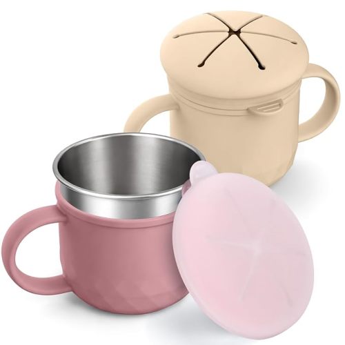 BUSOHA 2 Pack Stainless Steel Snack Containers – 4 IN 1 Spill Proof Snack Cup for Kids with Silicone Lids,Reusable Toddler Snack Containers,Metal Food Storage for Lunch Box,Travel,Pink + Beige