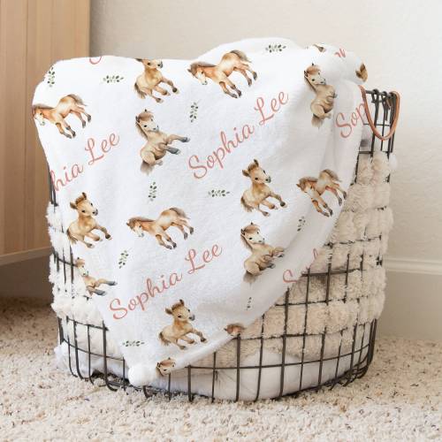Personalized Ponies Horses Baby Girl Name Blanket, Custom Baby Shower Gift