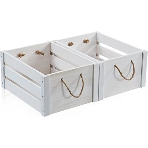 Wooden Crates, Farmhouse Wooden Crates for Storage with Rope Handles, Solid Wood Crate for Display, Durable Wood Crate Box, Handmade Large Wooden Crates for Decor, White Crate, 2 Pack