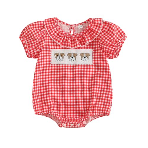 Newborn Baby Boy Girl Football Outfit Plaid Short Sleeve Bulldogs Tiger Embroidery Bubble Romper Game Day Jumpsuit