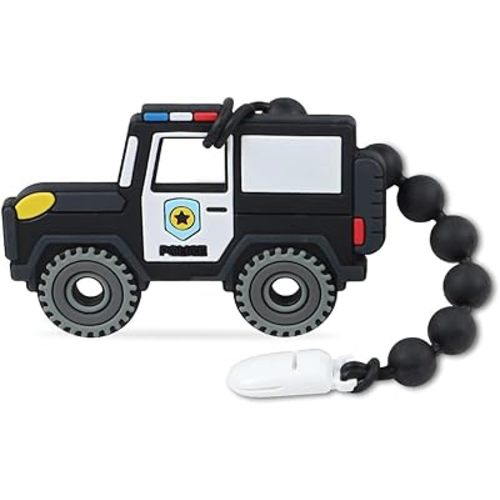 Baby Construction Vehicles Teething Toys,Food Grade Silicone Teether with One-Piece Pacifier Clip Holder,Shower Gift for 3 Months+ Boy and Girl,BPA Free,Freezer Safe. (Police Car)