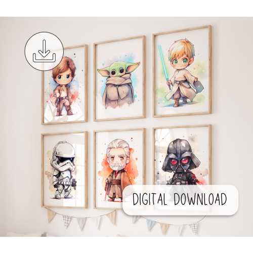 Cute Chibi Star Wars Characters - Nursery Room Decor - Set of 6 Starwars Printable Posters - Baby Room Decor - Watercolor Digital Print