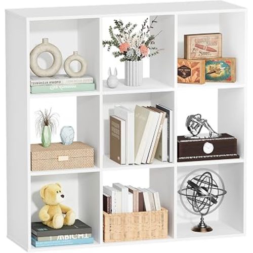 9 Cube Storage Organizer, Free Standing Display Shelf with Open Cubes, Floor Standing Book Shelf Bookcase with Storage for Home Office, Living Room, Bed Room (White, 9-Cube)
