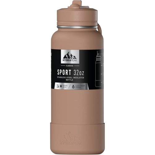 Hydrapeak 32oz Sport Insulated Water Bottle with Straw Lid, Leak & Spill Proof, Keeps Drinks Cold for 24 Hours, Hot for 12 Hours, Premium Stainless Steel Water Bottles (32oz, Almond)