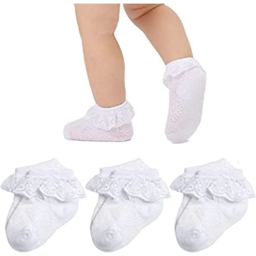 Mini angel Baby Lace Socks Infant Girls Eyelet Lace Ruffle Frilly Ankle Socks Soft Cotton Dress Socks,3 Pairs,(White,6-12 Months)