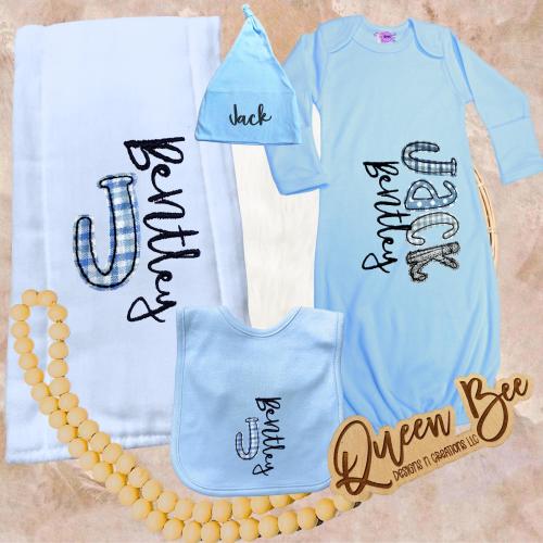 Personalized Baby Boy Gown, Hat, Bib, and Burp Cloth, Appliquéd Embroidery Infant Gown Set, Baby Boy Infant Gown Set