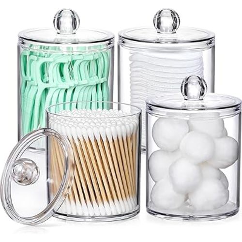4 Pack Acrylic Qtip Holder Dispenser for Cotton Swabs, Balls, Pads, Floss Picks- Small Clear Plastic Canister Apothecary Jar Set, Bathroom Essentials Accessories Decor, Vanity Makeup Storage Organizer