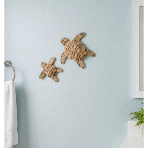 Sea Turtle Wall Decor Set of 2, Handmade Water Hyacinth Wicker Turtles, Boho Coastal Beach Nursery & Bathroom Wall Hanging