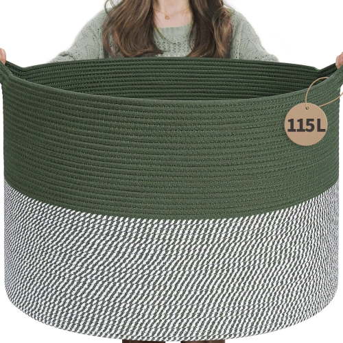 UniMall 115L Extra Large Cotton Rope Blanket Basket, Home Decor Laundry Storage Basket for Organizing Bedroom, Living Room, Nursery, Toy Storage for Colthes Towel, Green