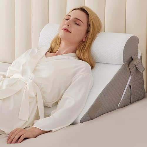 BIEEZZK Wedge Pillow Set for After Surgery, Wedge Pillow for Acid Reflux, Bed Wedge Pillow with Adjustable 9&12inch for Headboard,Sleeping, Orthopedic Memory Foam for Neck&Back Support, White/Grey