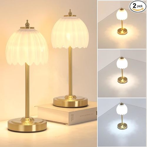 Set of 2 Tulip Table Lamp with 5000mAh Battery & Touch Control, Cordless Table Lamp with 3 Colors, Dimmable Rechargeable Table Lamps for Bedroom, Living Room, Entryways (White Tulip)