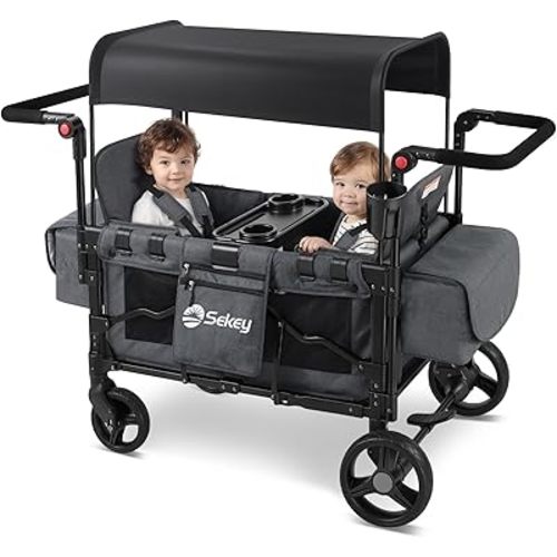 Sekey Wagon Stroller for 2 Kids, Luxury 4-in-1 Stroller Wagon - Premium Quality with Convertible Seats, Adjustable Push Handles, Removable Canopy, Cup Holder, Snack Tray & Cooler, US Certified