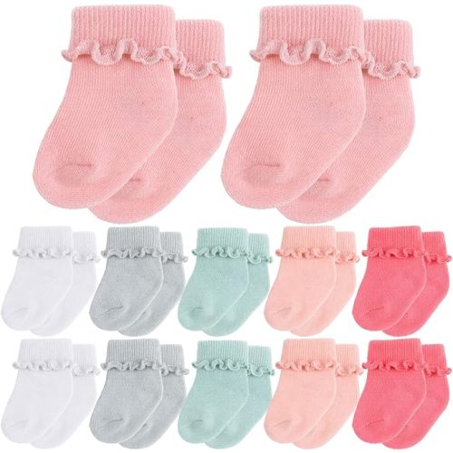 Toulite 12 Pairs Preemie Newborn Baby Ankle Socks Ruffle Turn Cuff Cotton Non-slip Warm Socks for Girls and Boys Infant