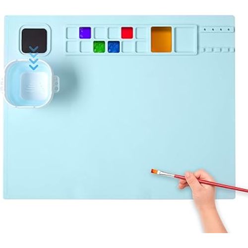 AWOKE Silicone Painting Mat - 20"X16" Silicone Art Mat with 1 Water Cup for Kids - Craft Mat has12 Color Dividers - 2 Paint Dividers (Blue),Toddler Activities,3 4 5 Year Old Girl Boy Birthday Gifts