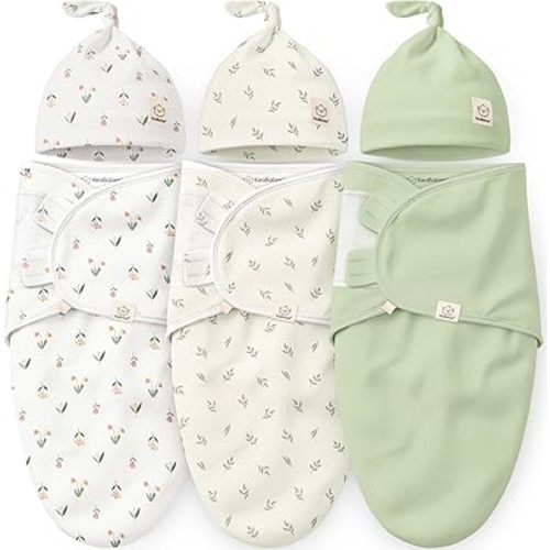 KeaBabies 3-Pack Swaddles for Newborns, Girls, Boys with Hats - Organic Soft Baby Sleep Sacks, Breathable Baby Swaddle 3-6 Months Beanies Set, Premie Infant Sleep Sack 0-3 Months (Fleur)