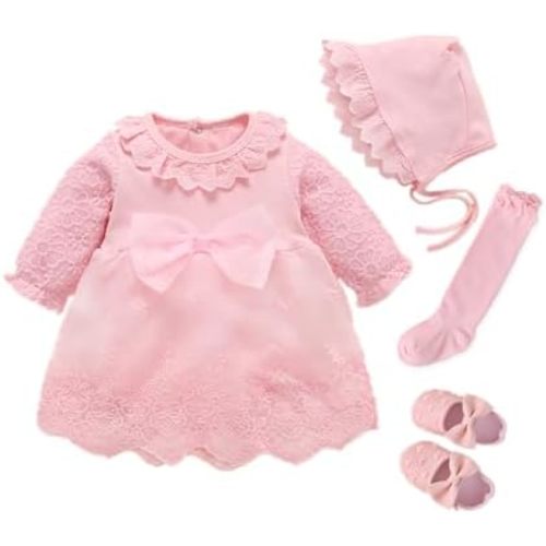 Newborn Baby Girl Dress 0 3 6 Months Infant Pink White Baptism Outfit Party Dresses Hat Shoes Set