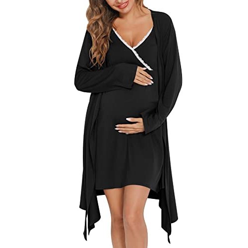 SWOMOG Womens Maternity Robe 2 Piece Nursing Nightgown for Breastfeeding 3 in 1 Labor Delivery Nursing Dress Lace Bathrobe