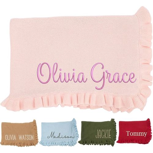 Personalized Baby Blanket for Newborn Girls, 30x40in Pink Custom Knitting with Name Embroidery, Embroidered Knitted Baby Ruffled Knit Blanket, Custom Gifts for Newborn Girls