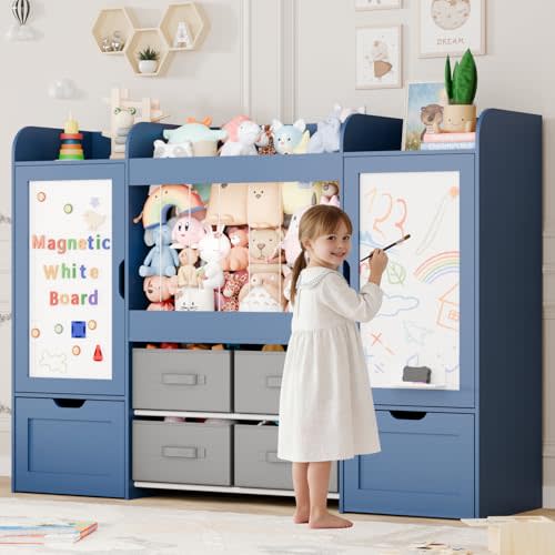 VontinT Montessori Toy Storage with Magnetic White Board & 6-Cube Bookshelf | 2 Magnetic Drawing Boards, 122L Stuffed Animal Zoo, 2 Removable Rolling Drawers & 4 Fabric Toy Bins for Kids Playroom, Blue