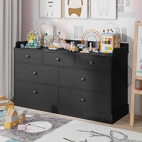 Vabches Kids Dresser Cabinet with 7 Drawers, Changing Table for Nursery, White Chest of Drawers, Baby Dresser, Kids Bedroom Furniture, Nightstand for Child’s Room, Black