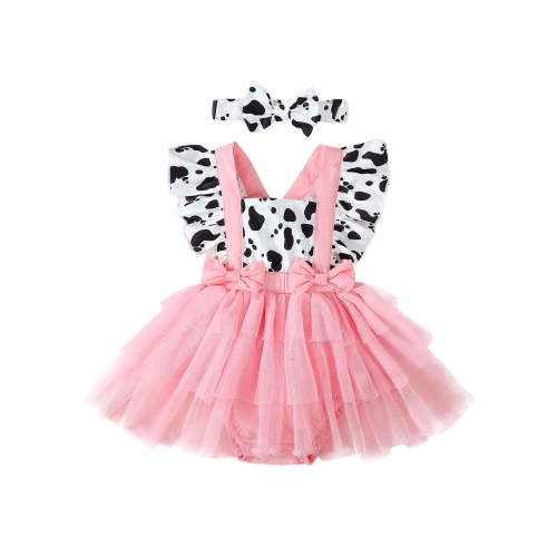 BemeyourBBs Western Baby Girls Cowgirl Dress Summer Outfit Infant Baby Girls Romper Dress 0 3 6 12 18 24 Months Flying Sleeve Cow Print Tulle Patchwork Tulle Tutu Dress with Headband