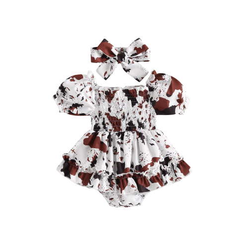 BemeyourBBs Western Newborn Baby Girl Cowgirl Outfit Smocked Romper Dress Puff Short Sleeve Off-shoulder Cow Skin Printed Dress with Headband