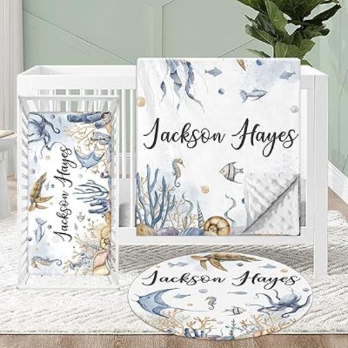 KAINSY Custom Baby Crib Bedding Set, Ocean World Personalized Name 3 Piece Nursery Set for Newborns Boys Gift, Includes Soft Blanket, Crib Sheet, Nursery Rug, Ideal Baby Room Decor & New Parents