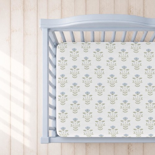 Coastal Blue and Green Floral Fitted Crib Sheet | Preppy Nursery Decor