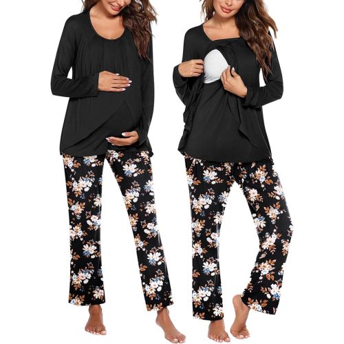 Ekouaer Maternity Nursing Pajama Set Long Sleeve Top & Pants with Pockets Breastfeeding Sleepwear Double Layer Pregnancy