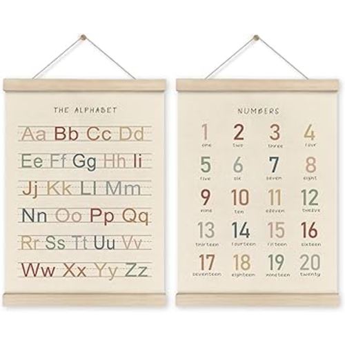HRQKO Alphabet Numbers Poster Hanger Frame Set of 2, Nursery Wall Decor, ABC Banner Poster Wall Art with Wooden Frames, Alphabet Banner Wall Hanging Decor for Toddler Playroom Nursery, 12x16 Inch