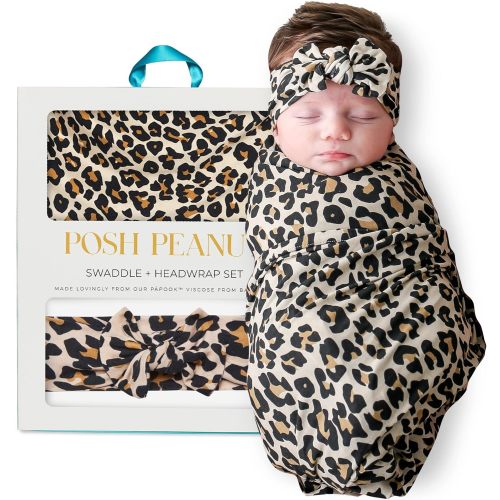 Posh Peanut Baby Swaddle Blanket, Premium Soft Päpook Bamboo Swaddles Wrap & Headband Set, Anti Stink Lightweight Breathable Infant Receiving Swaddling Blankets, Large Boy & Girl Newborn Shower Gift - Lana Leopard
