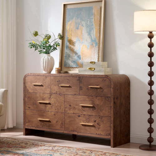 Vintagearth 7 Drawers Dresser for Bedroom, Curved FSC-certified Wood 1.18" Thick Board Dressers & Chests of Drawers for Living Room, Hallway, Entryway, Dark Burl