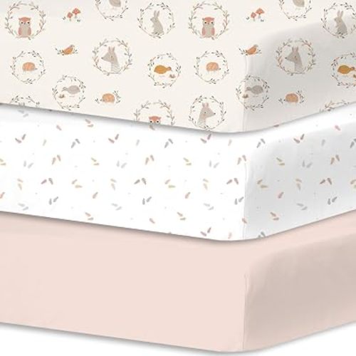 Little Grape Land 3PK Baby Crib Sheets for Girls, Enchanted Animal Friends