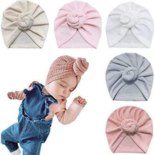 Asufegucd 5 Pieces Baby Turban Hats Infant Knot Turbans Boys Beanie Soft Toddler Cap Waffle Style