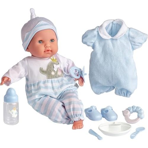 15" Realistic Soft Body Baby Doll with Open/Close Eyes | JC Toys - Berenguer Boutique | 10 Piece Gift Set with Bottle, Rattle, Pacifier & Accessories | Blue | Ages 2+