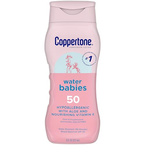 Coppertone WaterBabies Baby Sunscreen Lotion SPF 50, Hypoallergenic Sunscreen for Babies, Water Resistant, Pediatrician Recommended, 8 Fl Oz Bottle