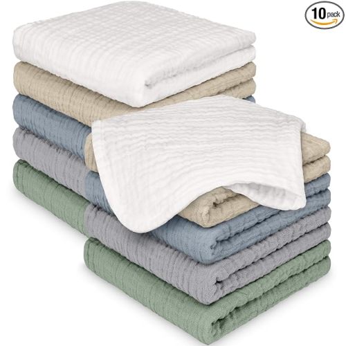 10pk Muslin Baby Washcloths for Newborn, 12x12 Soft Absorbent (Slate) | Organic Cotton Muslin Wash Cloths for Babies Girl, Boy, Infant, Toddlers, Kids Face Towel,Bath Essentials,Baby Burp Rags