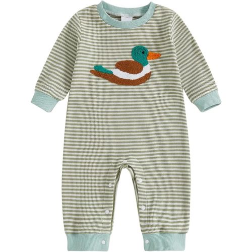 SAYOO Infant Baby Boy Girl Mallard Duck Romper Jumpsuit Green Duck Embroidery One Piece Waffle Overalls Hunting Baby Clothes