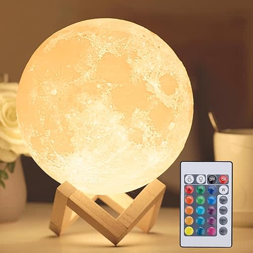 Mydethun 3D Moon Lamp, 9.6' Large Night Light with Wooden Base, Touch-Dimmable & Rechargeable, Gift for Mom, Bedroom, Home Décor, 16 Colors